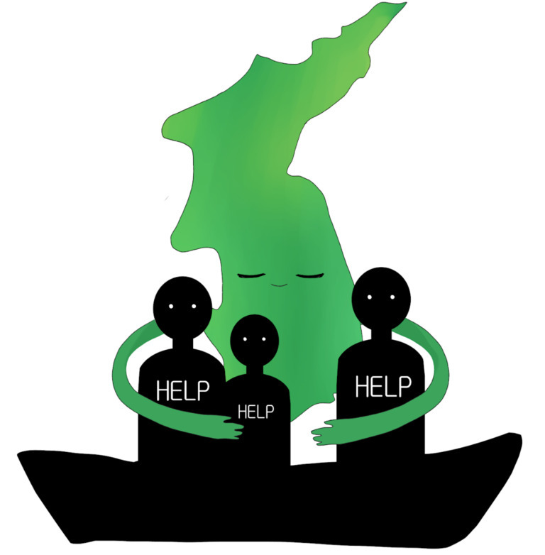 한국 반도 모양의 초록색 형상이 세 명의 검은색 인물들을 포옹하고 있으며, 인물들의 몸에는 'HELP'라는 글자가 적혀 있다. 이들은 배 위에 앉아 있다.