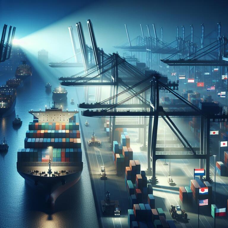 야간에 대형 컨테이너선과 크레인이 있는 항구에서 여러 나라의 국기가 보이며, 컨테이너들이 정렬되어 쌓여 있다.