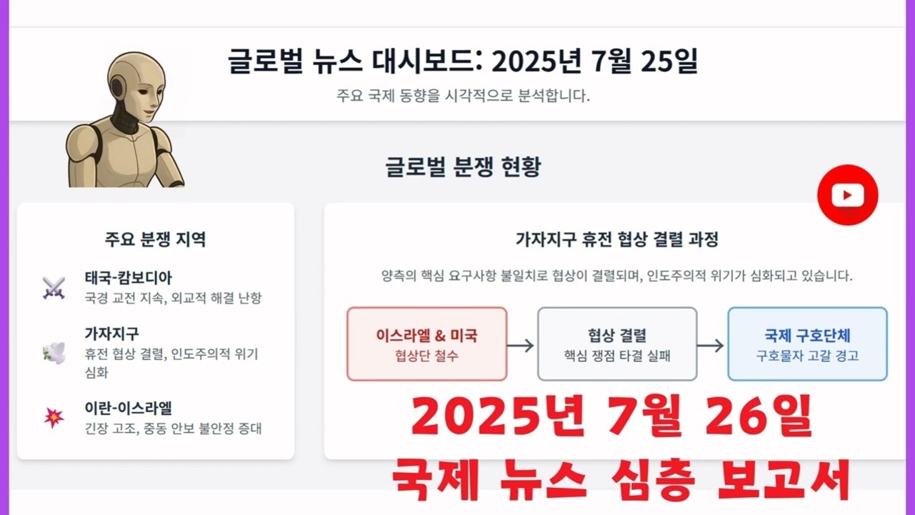 2025년 7월 25일 글로벌 뉴스 대시보드 화면. 주요 분쟁 지역(태국-캄보디아, 가자지구, 이란-이스라엘)과 가자지구 휴전 협상 결렬 과정이 도식으로 설명되어 있다. 왼쪽에는 로봇 일러스트가 있고, 하단에 '2025년 7월 26일 국제 뉴스 심층 보고서'라는 빨간 글씨가 있다.