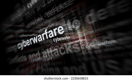 'cyberwarfare'라는 단어가 중앙에 강조되어 있고, 주변에 관련된 단어들이 흐릿하게 퍼져 있는 이미지