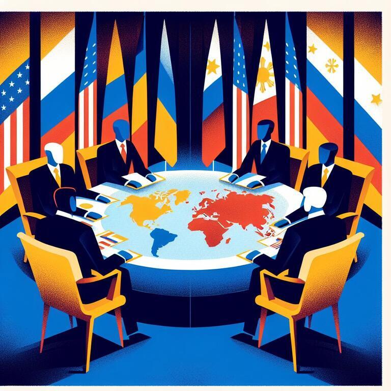 여러 나라의 국기가 배경에 걸려 있고, 여섯 명의 인물이 세계 지도가 그려진 원형 테이블에 둘러앉아 회의를 하는 장면의 일러스트.