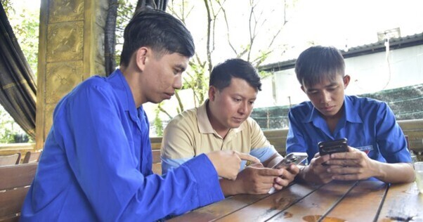 세 명의 남성이 나무 테이블에 앉아 각자 스마트폰을 보고 있다.