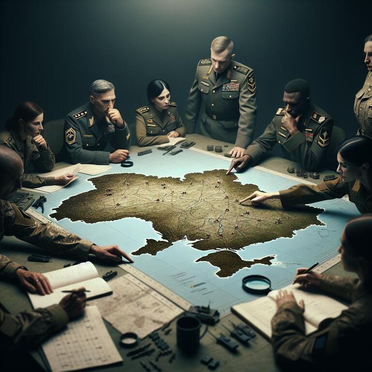 여러 명의 군인들이 큰 지도를 테이블 위에 펼쳐놓고 전략 회의를 하고 있는 모습