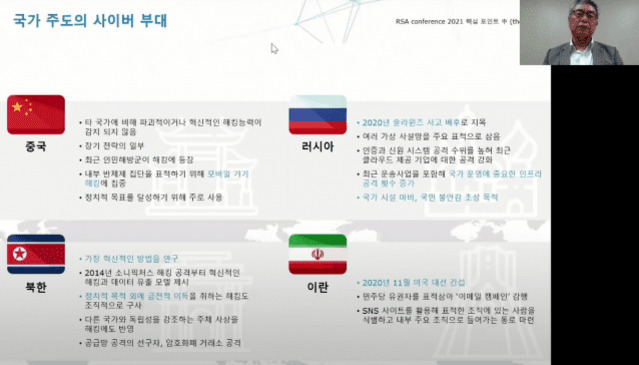 국가 주도의 사이버 부대에 대해 설명하는 프레젠테이션 화면. 중국, 러시아, 북한, 이란의 국기와 함께 각 국가의 사이버 공격 특징 및 사례가 요약되어 있다. 오른쪽 상단에는 발표자가 화상으로 참여하고 있다.